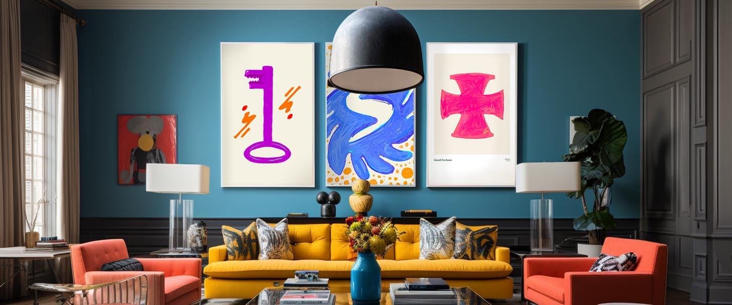 a memphis interior design home decor with blue wall and 3 lovely minimalist and colorful african arts is hung on the wall in framed poster art prints