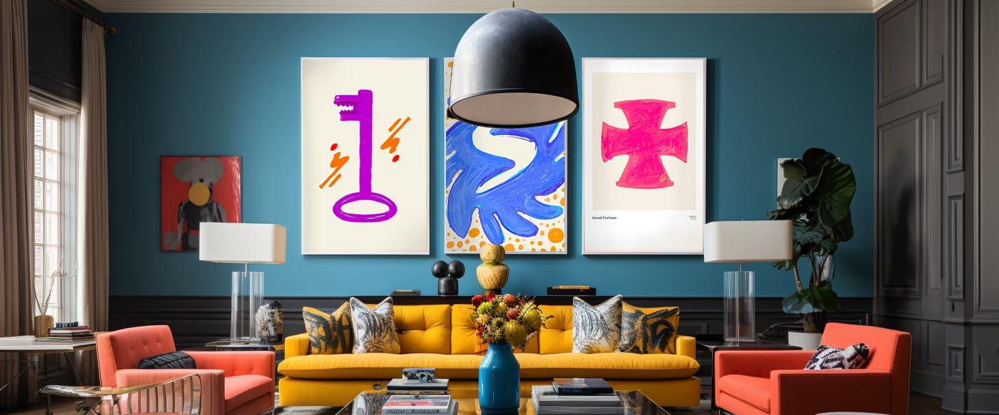 a memphis interior design home decor with blue wall and 3 lovely minimalist and colorful african arts is hung on the wall in framed poster art prints 